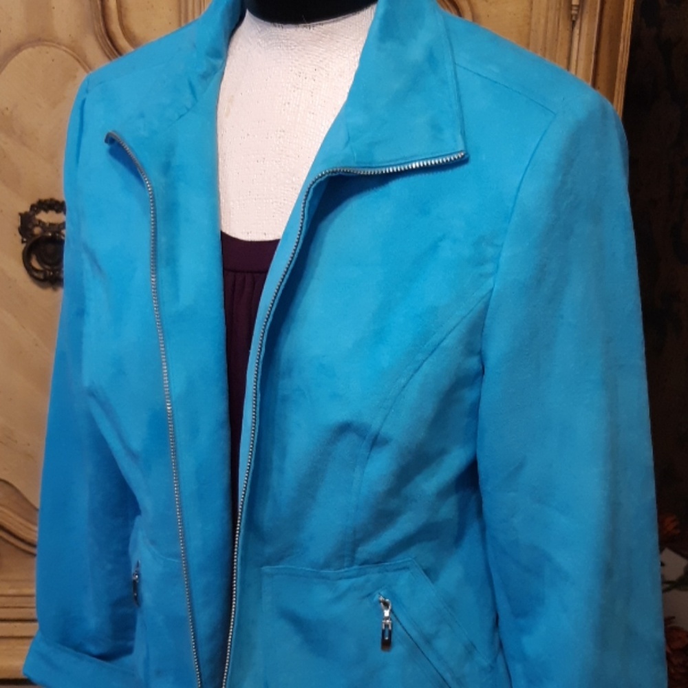 Womens blue teal jacket long sleeve coat EVAN PICONE faux suede sz 12 - Picture 2 of 7